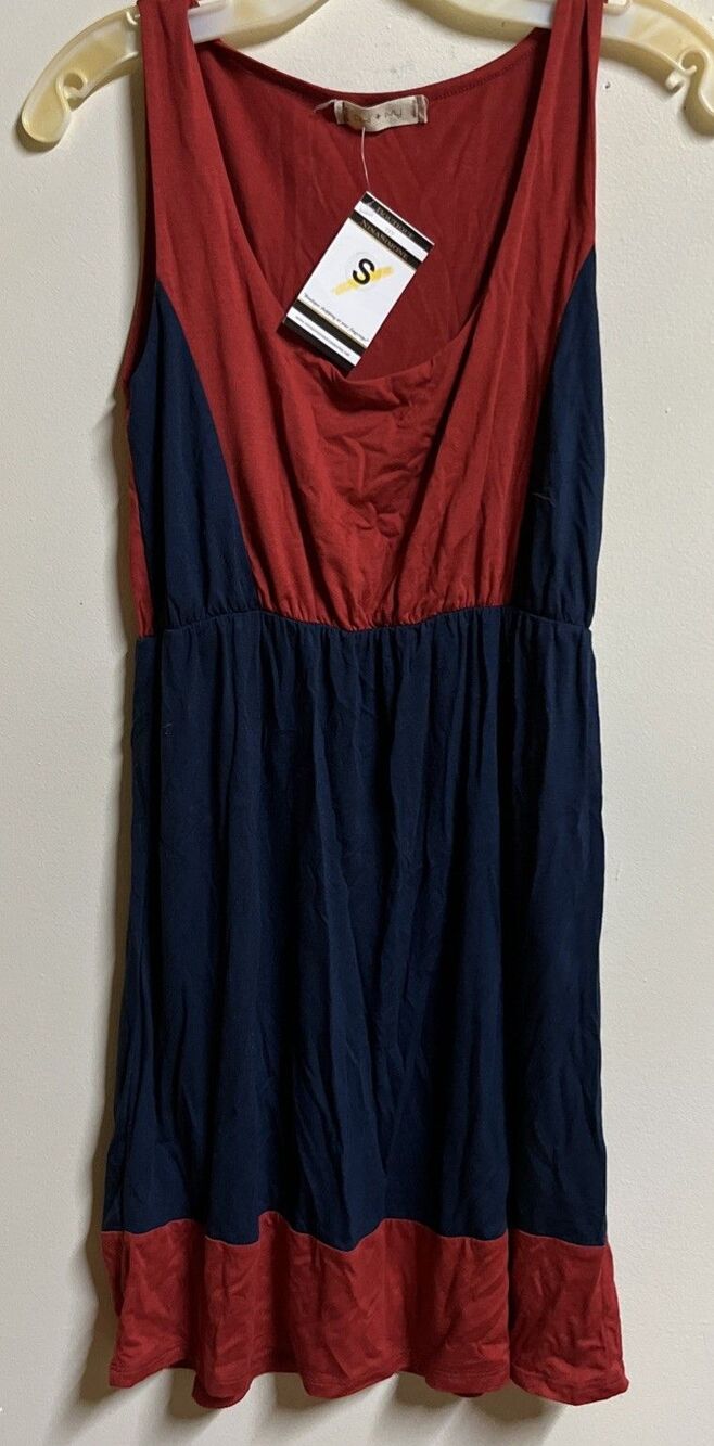 New Pixi + Ivy Womens Tank Slip Dress Size Small Red & Navy Elastic Waist